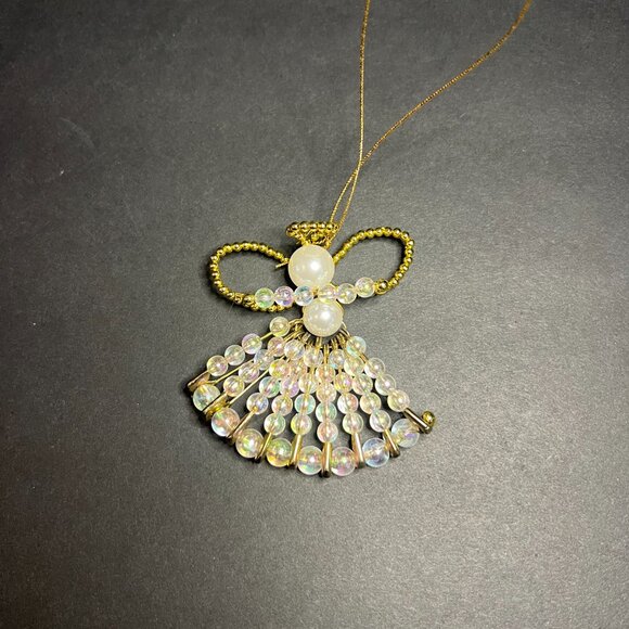 Vintage Lot of 2 Handmade Beaded Wired Christmas Angel Hanging Ornaments 2.75" - Picture 2 of 7